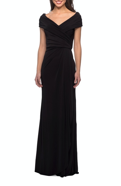 La Femme Ruched Jersey Long Gown In Black