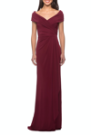 La Femme Short-sleeve Ruched Jersey Gown Dress In Wine