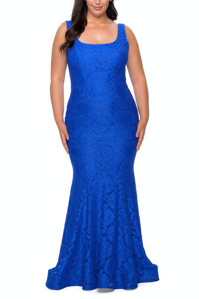 La Femme Stretch Lace Plus Size Gown With Beading In Blue