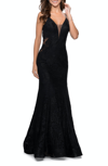 La Femme Long Mermaid Lace Dress With Back Rhinestone Detail In Black