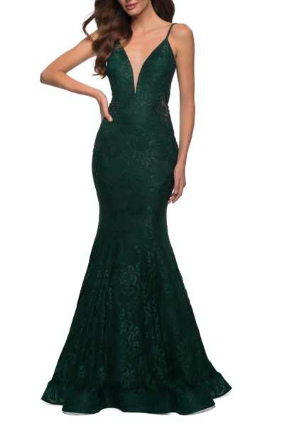 La Femme Long Mermaid Lace Dress With Back Rhinestone Detail In Green