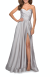LA FEMME LA FEMME STRAPLESS SATIN GOWN WITH PLEATED BODICE AND SLIT
