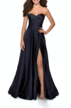 LA FEMME LA FEMME STRAPLESS SATIN GOWN WITH PLEATED BODICE AND SLIT