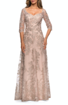 La Femme Long Lace A-line Three Quarter Sleeve Gown In Gold