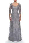 La Femme Long Lace A-line Three Quarter Sleeve Gown In Grey