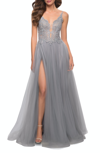 La Femme Tulle A Line Gown With Lace Rhinestone Bodice In Grey