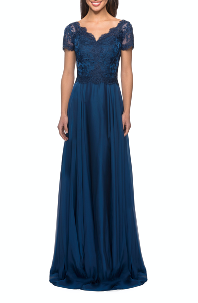 La Femme Lace Bodice Long Chiffon Dress In Blue