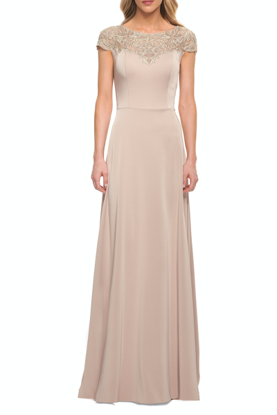 La Femme Full Skirt And Lace Detail Top Jersey Gown In Brown