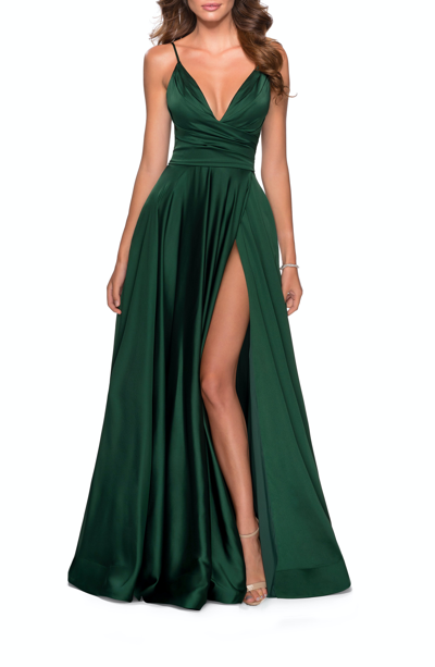 La Femme High Slit Long Satin Dress In Green