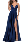 La Femme Long Satin Dress With Side Slit And V Shaped Back In Blue