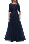 La Femme Lace And Tulle A-line Gown With Three Quarter Sleeves In Blue