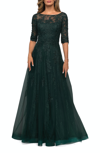 LA FEMME LA FEMME LACE AND TULLE A-LINE GOWN WITH THREE QUARTER SLEEVES