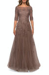 La Femme Lace And Tulle A-line Gown With Three Quarter Sleeves In Brown