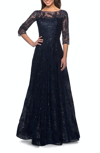 La Femme A-line Lace Sequin Gown With Sheer Scoop Neckline In Blue