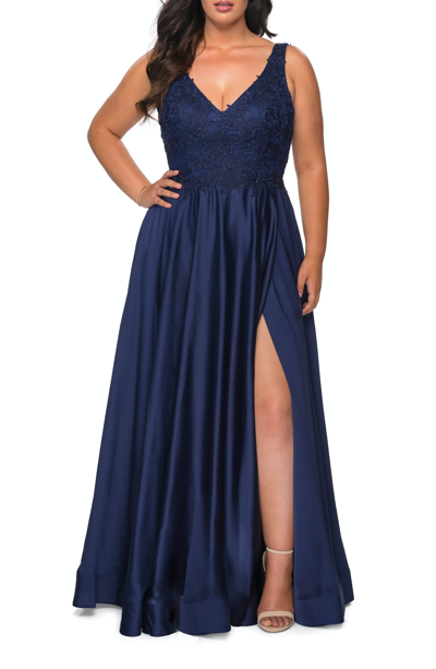 La Femme A-line Rhinestone Lace Bodice Dress In Blue