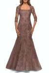 La Femme Long Lace Mermaid Gown In Brown