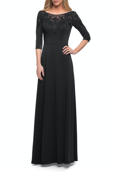 La Femme Jersey Mother Of The Bride Gown With Lace Neckline In Black