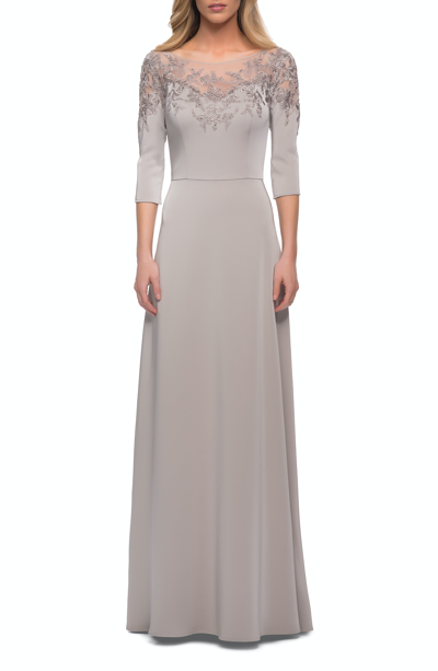 La Femme Jersey Mother Of The Bride Gown With Lace Neckline In Grey