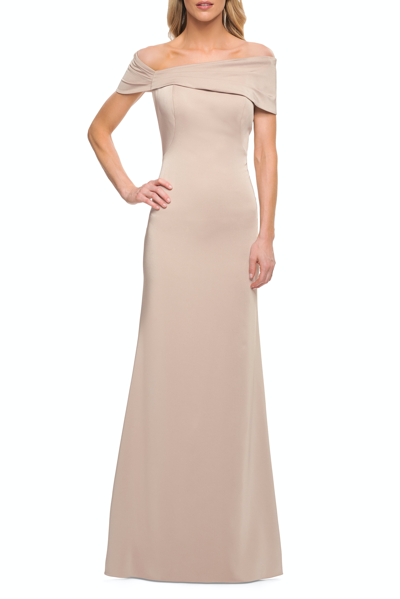 La Femme Simply Chic Off The Shoulder Jersey Gown In Brown