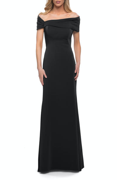 La Femme Simply Chic Off The Shoulder Jersey Gown In Black