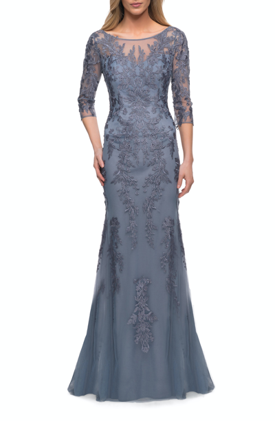 La Femme Lace Applique And Illusion Top Tulle Gown In Blue