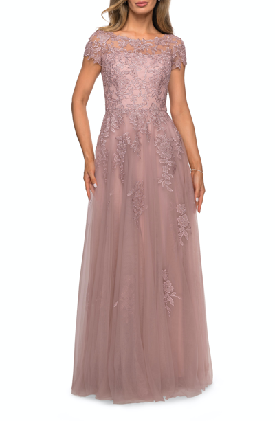La Femme Beaded Lace Rhinestone A-line Evening Gown In Pink
