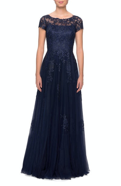La Femme Beaded Lace Rhinestone A-line Evening Gown In Blue