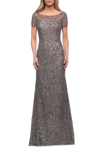 LA FEMME LA FEMME BEADED LONG DRESS WITH ILLUSION TOP AND SLEEVES