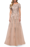 LA FEMME LA FEMME A LINE TULLE AND LACE GOWN WITH SHORT SLEEVES