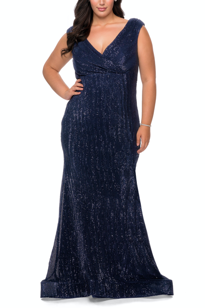 La Femme Faux Wrap Bodice Sequin Gown In Blue