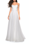 La Femme Strapless Chiffon Dress With Criss Cross Bodice Detail In White