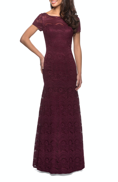 La Femme Floor Length Lace Gown In Red