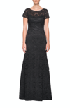 La Femme Floor Length Lace Gown With Short Sleeves In Black