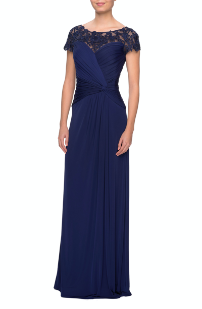 La Femme Jersey Dress With Ruching And Floral Neckline In Blue