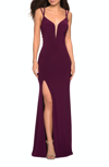 La Femme Sultry Long Dress With Intricate Strappy Back In Purple