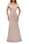 La Femme Off The Shoulder Satin Evening Gown With Ruching In Gold