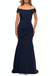 La Femme Off The Shoulder Satin Evening Gown With Ruching In Blue