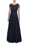 La Femme Sequin Lace A-line Gown With Sheer Short Sleeves In Blue