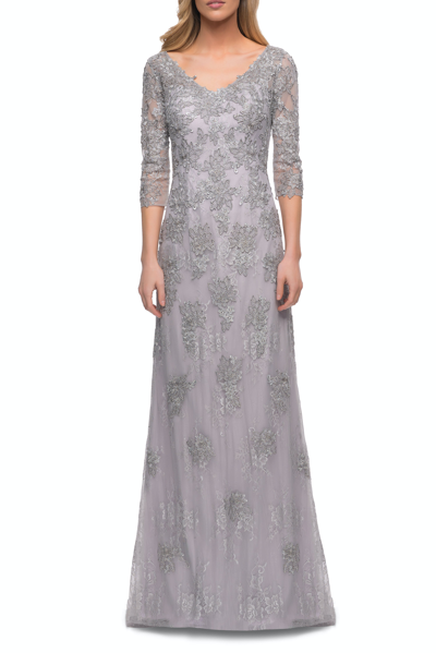 La Femme Column Lace Mother Of The Bride Dress With V Neckline In Grey