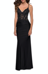 LA FEMME LA FEMME JERSEY GOWN WITH SHEER LACE BODICE AND RUCHING