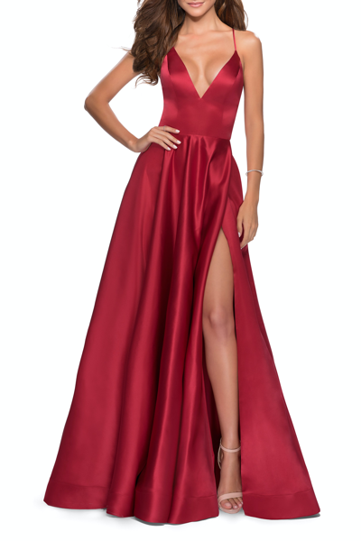 La Femme V-neck Satin Prom Dress With Lace Up Back In Red
