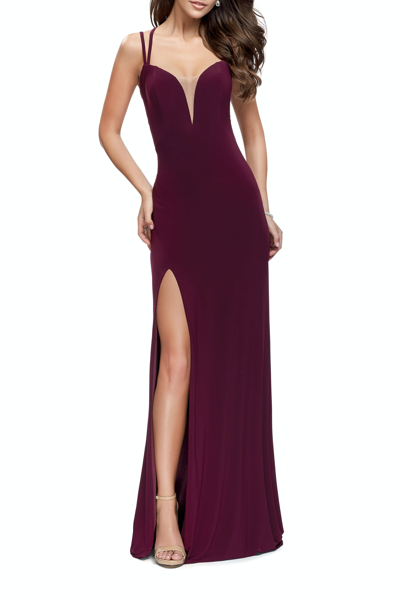 La Femme Long Classic Prom Dress With Side Leg Slit And Deep V In Purple