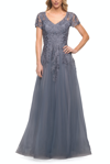LA FEMME LA FEMME LACE AND TULLE A-LINE EVENING GOWN WITH CAP SLEEVE