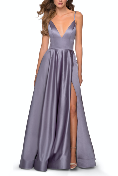 La Femme V-neck Satin Prom Dress With Lace Up Back In Purple