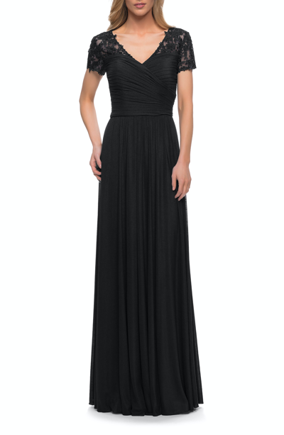 La Femme Jersey Long Evening Dress In Black