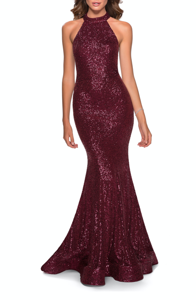 La Femme Long Sequin Gown With High Neckline And Lace Back In Red