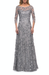 LA FEMME LA FEMME LACE GOWN WITH FULL SKIRT AND SHEER LACE SLEEVES