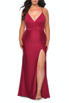 La Femme Jersey Dress For Curves With Slit And Criss Cross Back In Burgundy