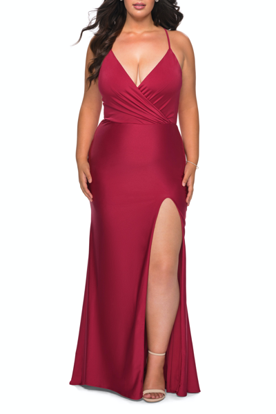 La Femme Jersey Dress For Curves With Slit And Criss Cross Back In Burgundy