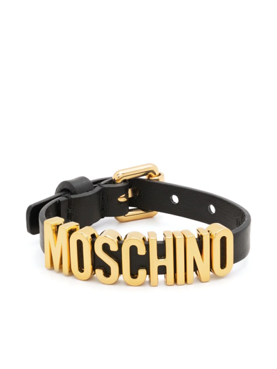 Moschino Logo-lettering Leather Bracelet In Black